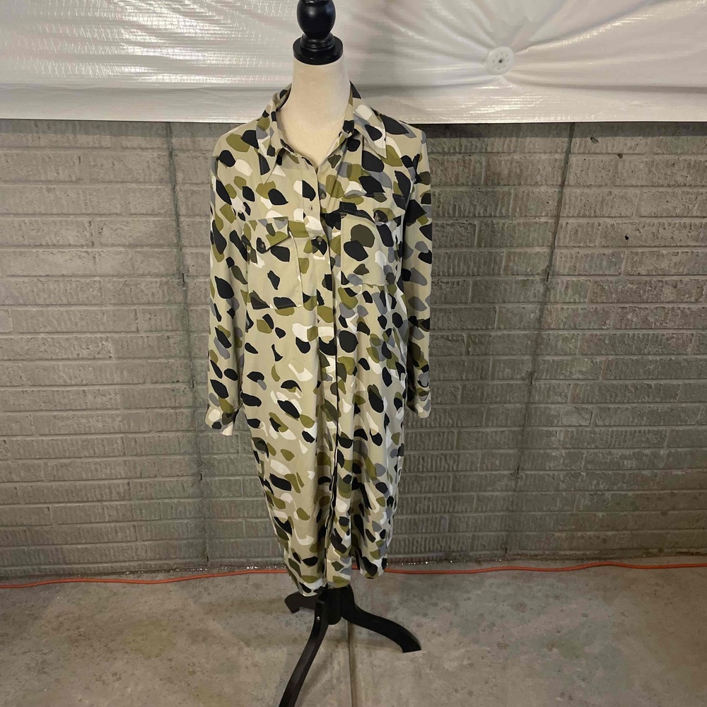 Mango Olive Green Black and Cream Printed Midi Dress